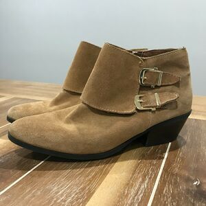 Apri Tan Galant Suede Leather Buckle Ankle Booties